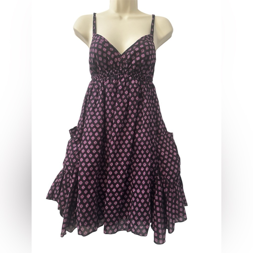 Moda International XS Boho Sundress Black Pink Cotton Smocked Pockets Festival